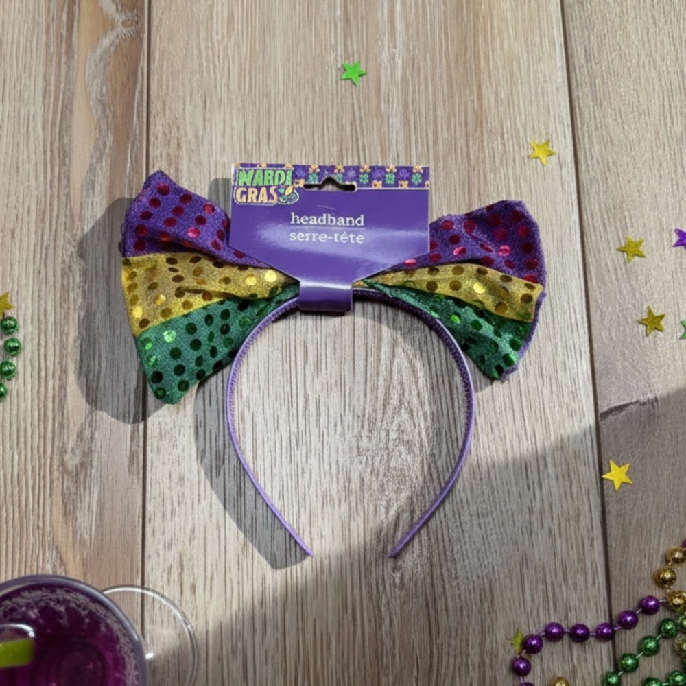 NWT Mardi Gras Purple, Green, & Gold Bow Headband with Glitter & Sequins